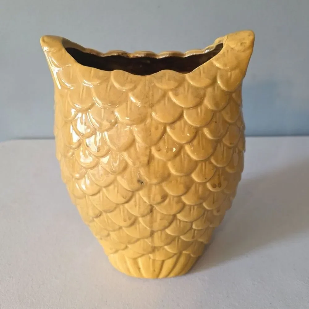 Vintage Yellow Ceramic Owl Planter 9.5” Tall Mid Century Pottery Vase